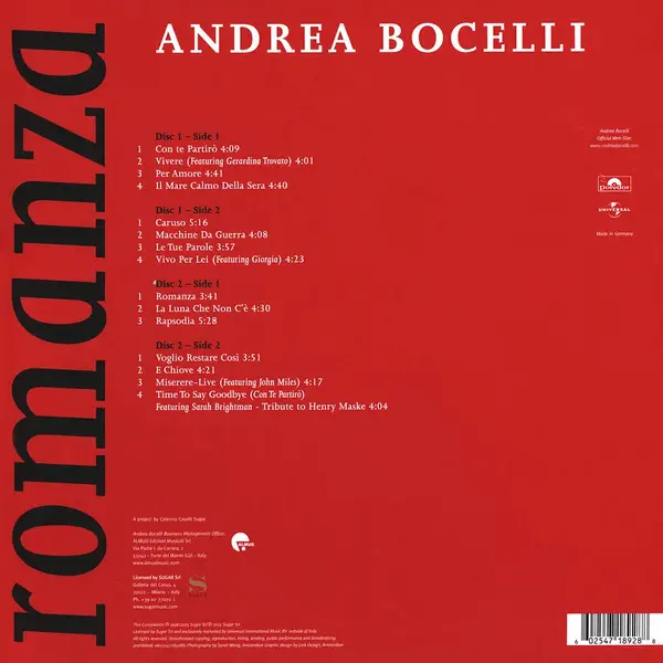 Andrea Bocelli - Romanza – Vinilinės plokštelės
