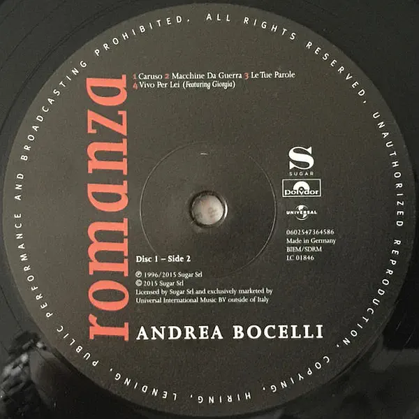 Andrea Bocelli - Romanza – Vinilinės plokštelės